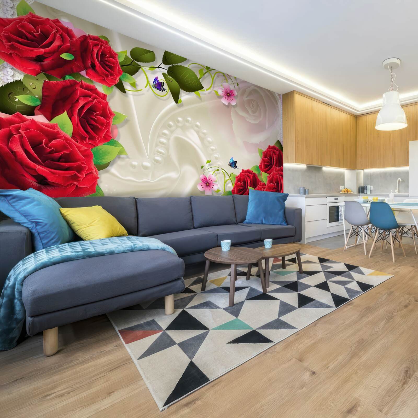 Papier peint roses écarlates sur tissu satiné blanc neige