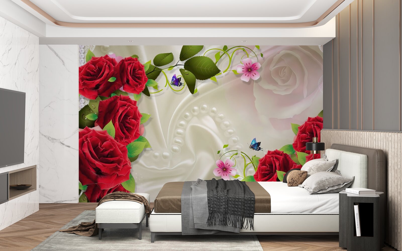 Papier peint roses écarlates sur tissu satiné blanc neige