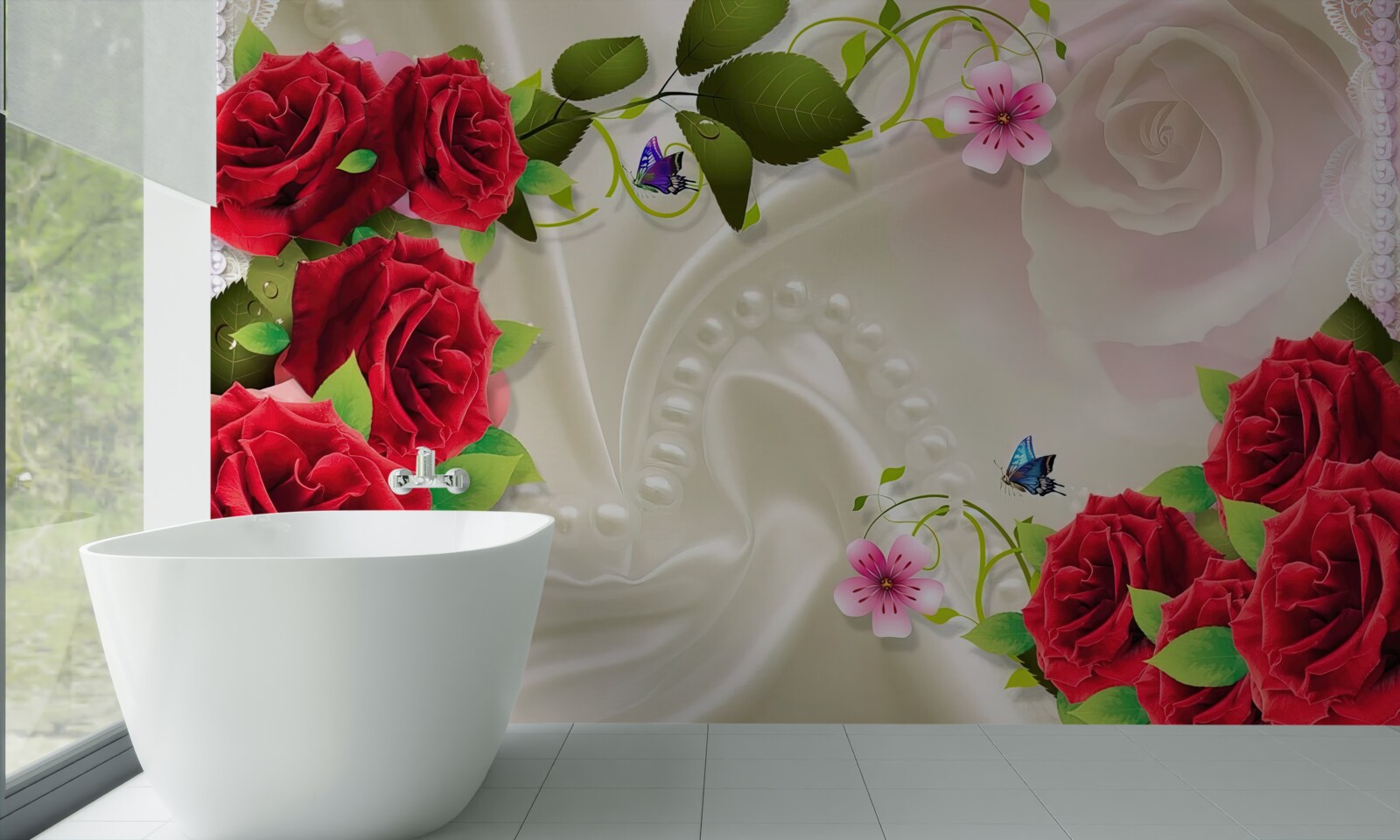 Papier peint roses écarlates sur tissu satiné blanc neige