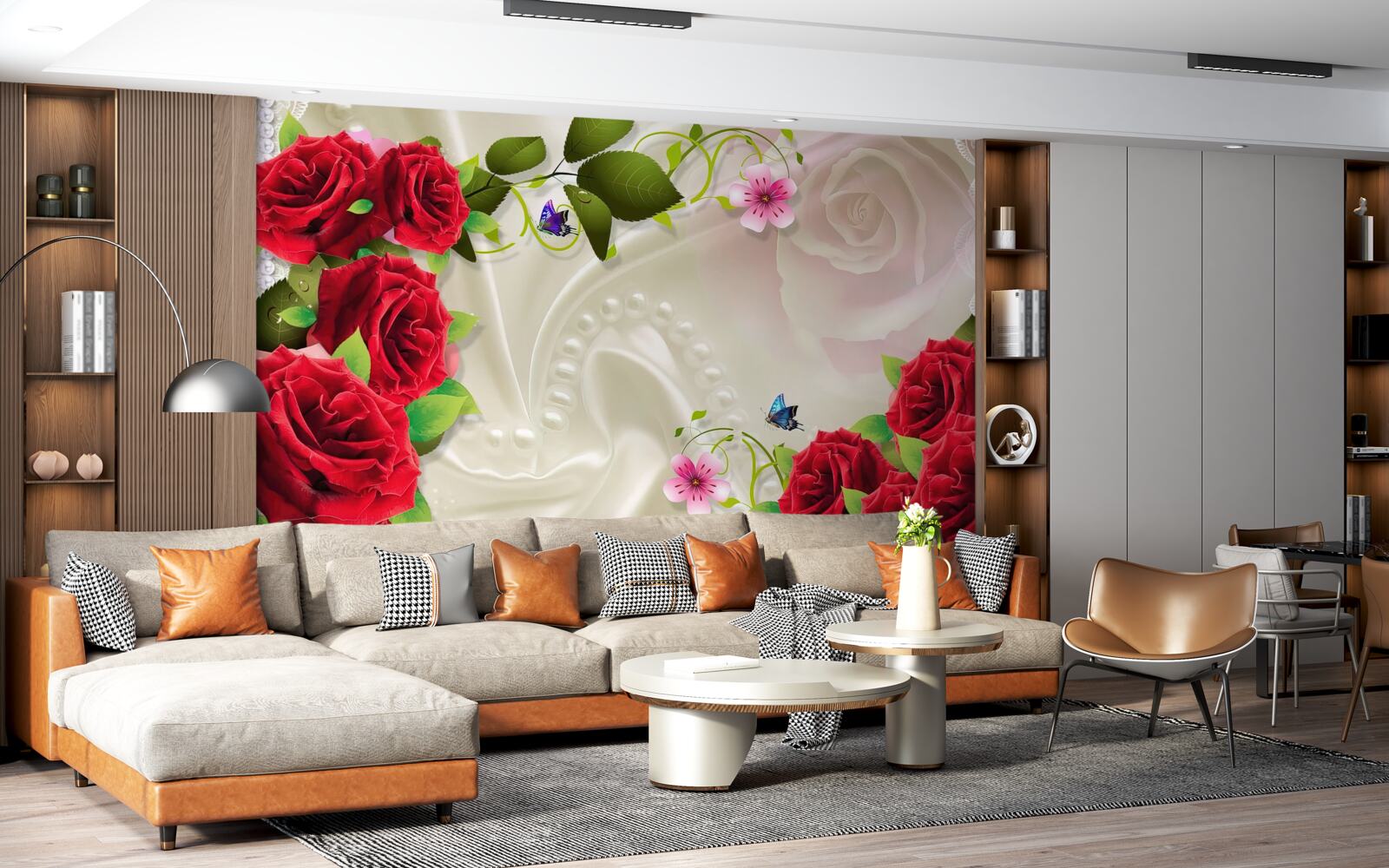 Papier peint roses écarlates sur tissu satiné blanc neige