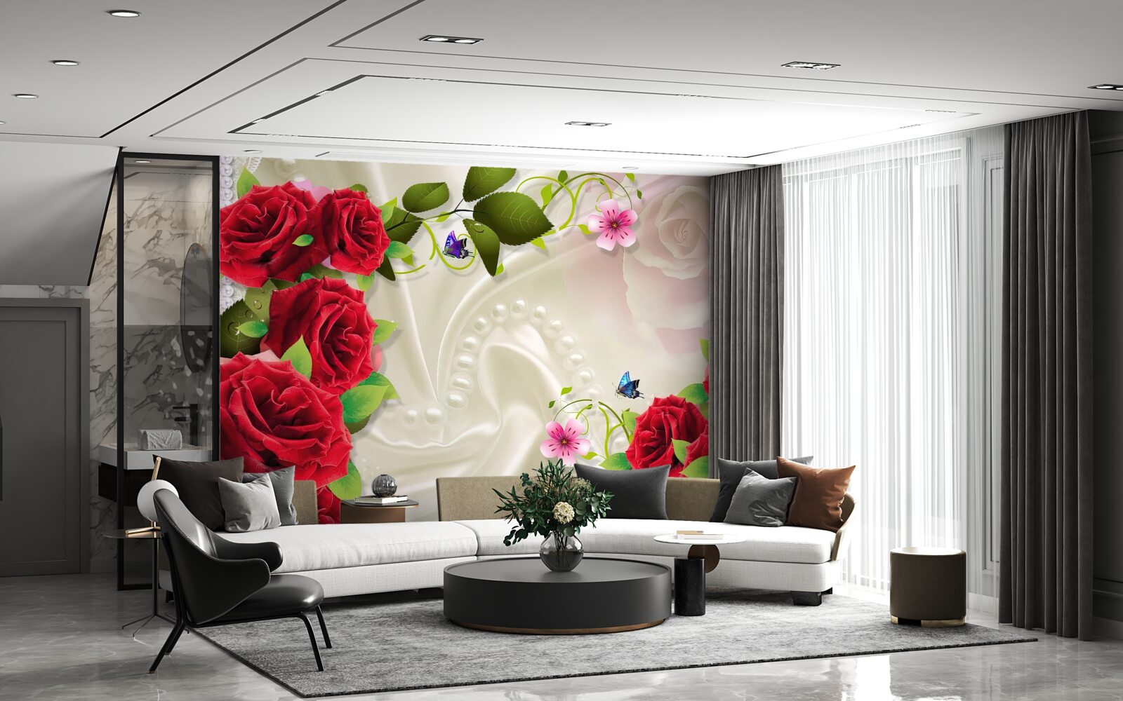 Papier peint roses écarlates sur tissu satiné blanc neige