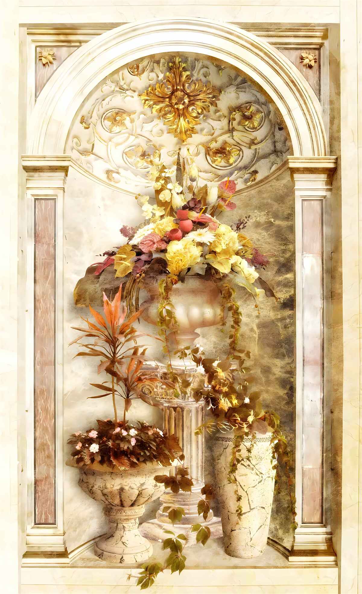 Papier peint fleurs dans des vases muraux