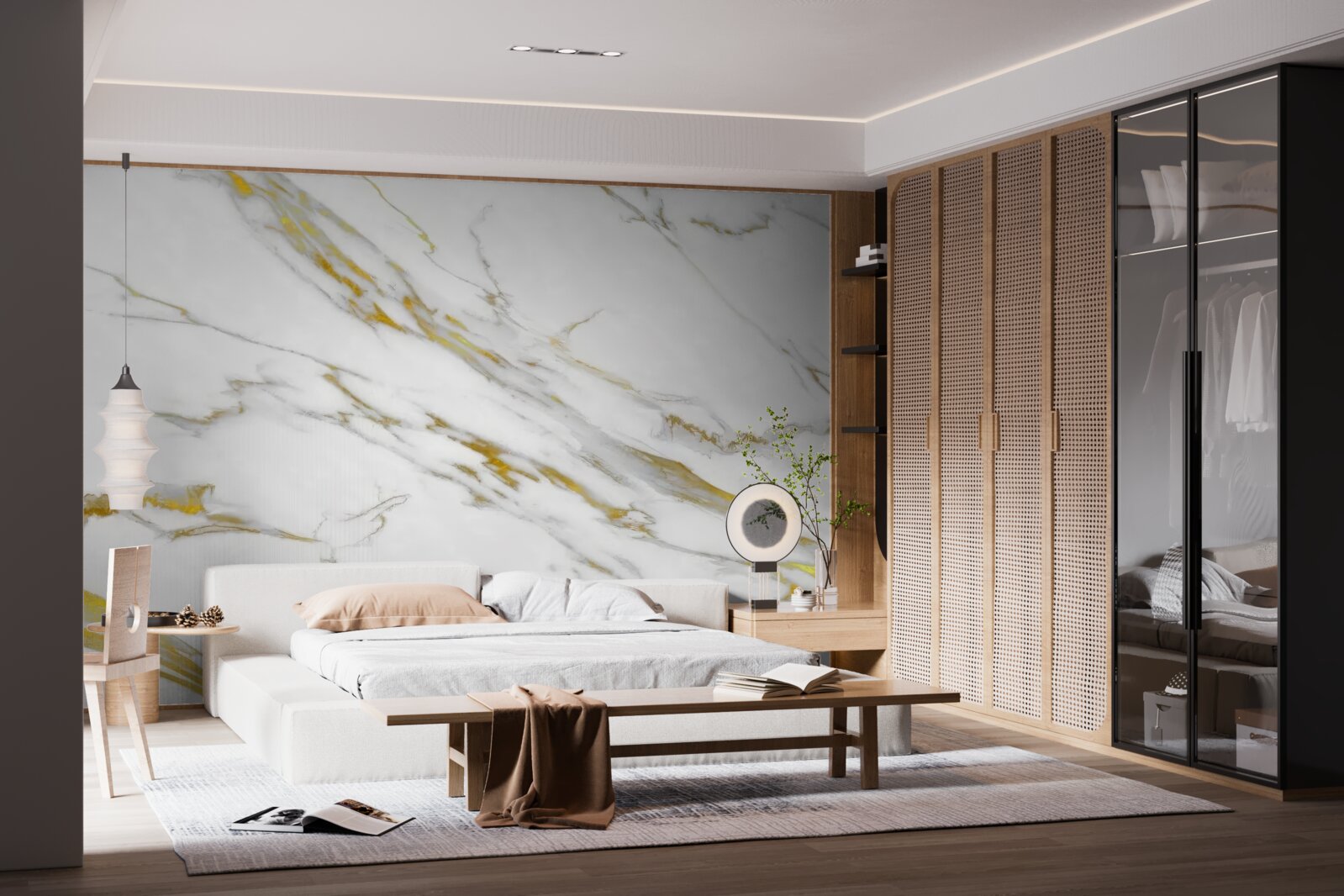 Papier peint fond blanc avec lignes dorées