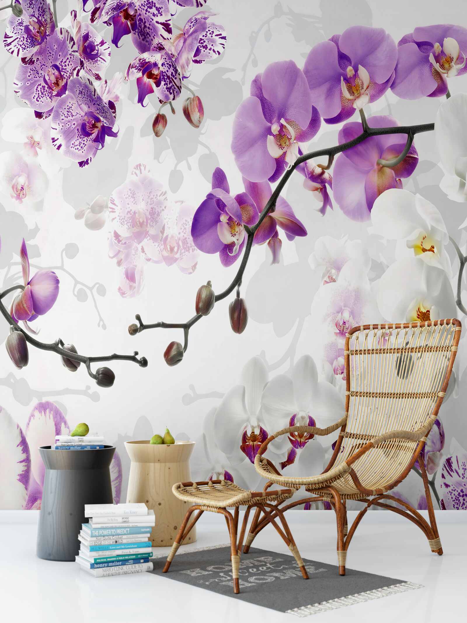 Papier peint branche avec orchidées violettes en fleur