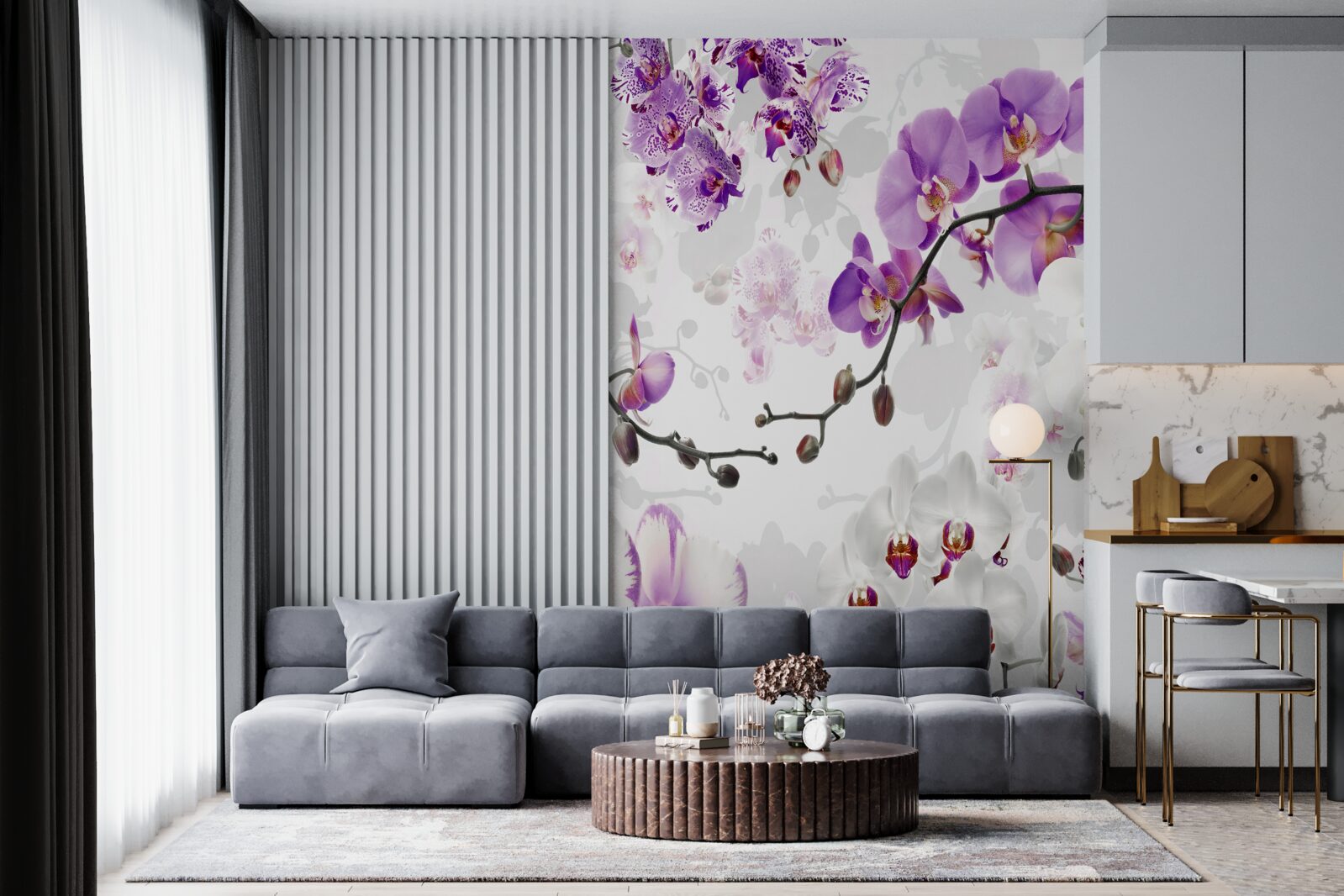 Papier peint branche avec orchidées violettes en fleur