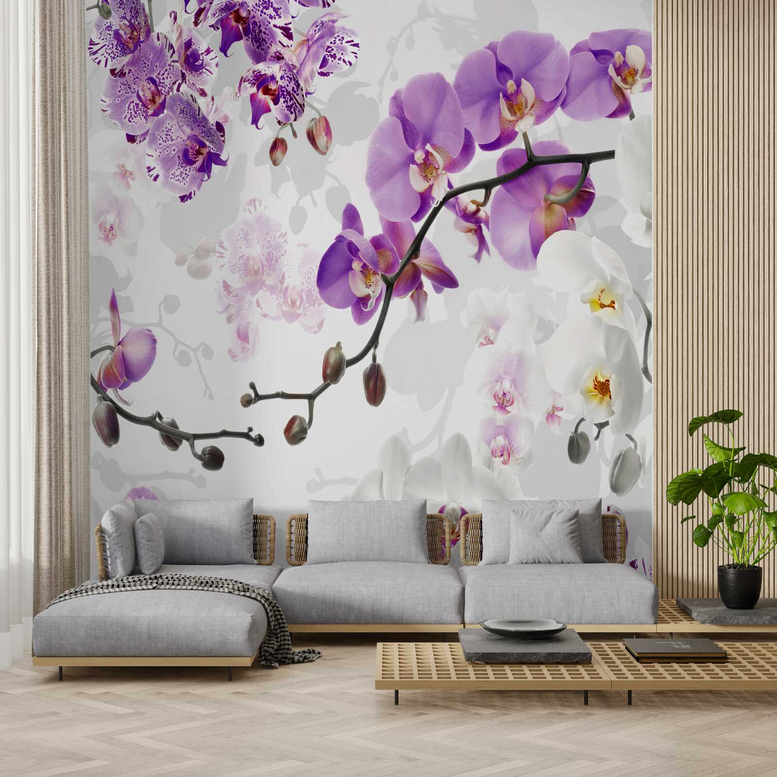 Papier peint branche avec orchidées violettes en fleur