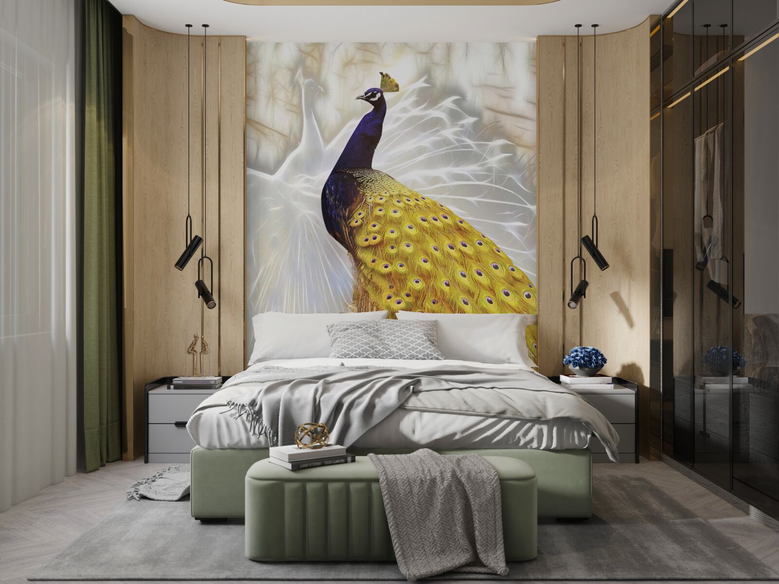 Papier peint oiseau aux plumes d'or