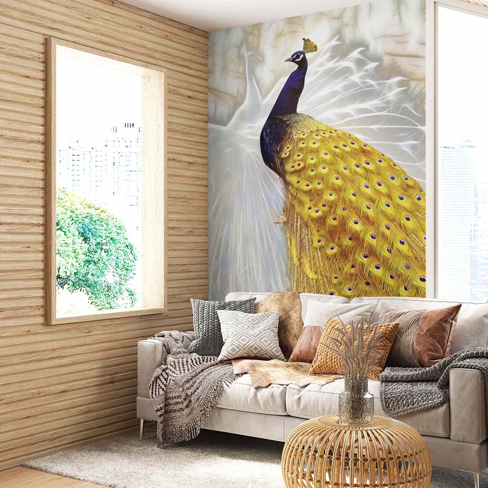 Papier peint oiseau aux plumes d'or