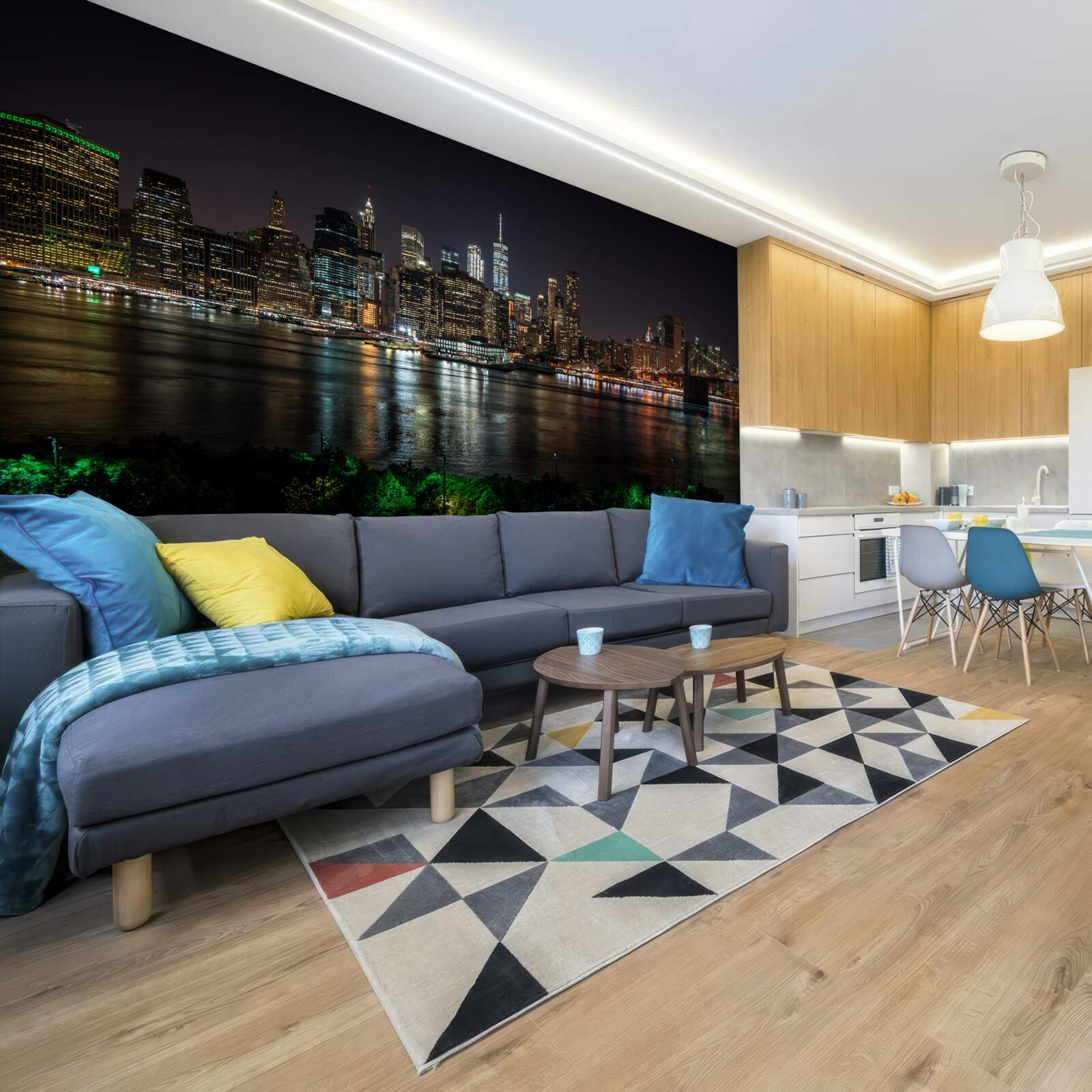 Papier peint panorama de la ville nocturne depuis la rive opposée