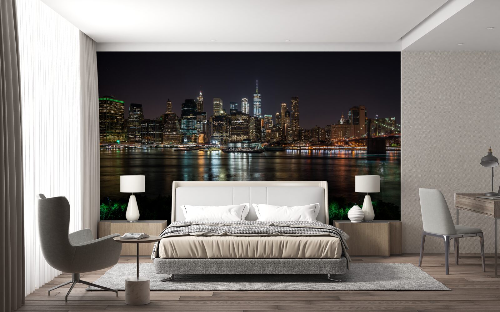 Papier peint panorama de la ville nocturne depuis la rive opposée