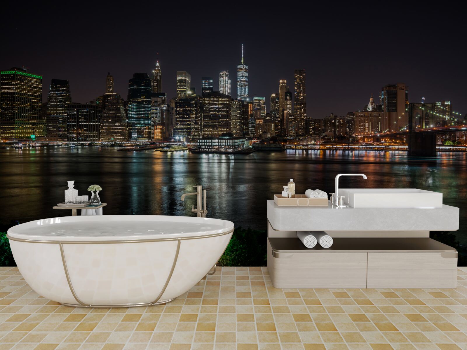 Papier peint panorama de la ville nocturne depuis la rive opposée