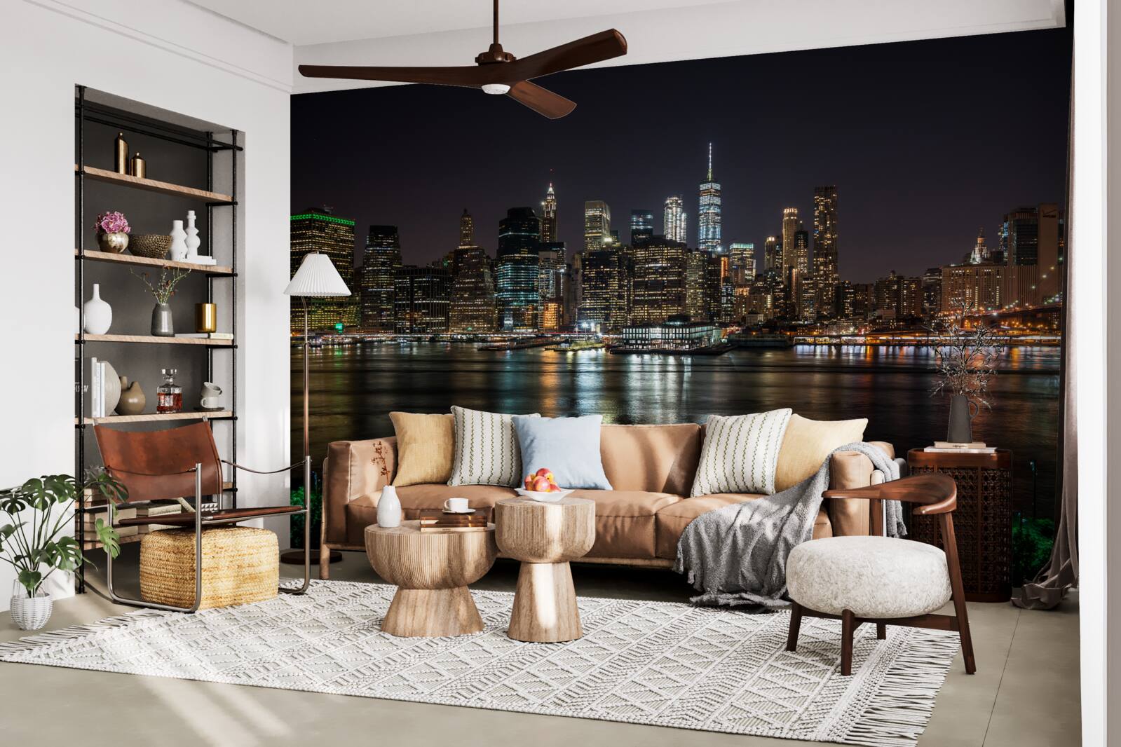 Papier peint panorama de la ville nocturne depuis la rive opposée