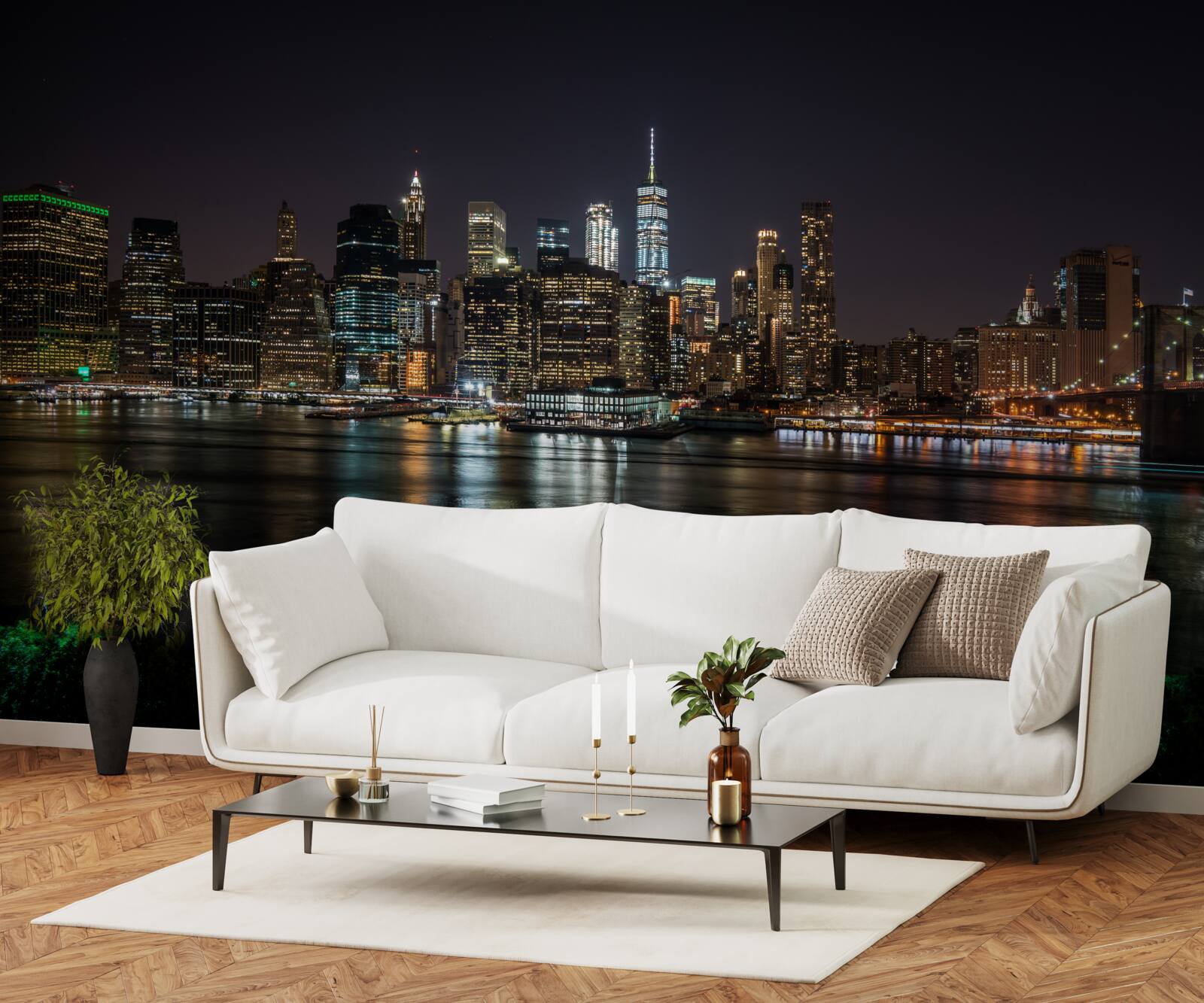 Papier peint panorama de la ville nocturne depuis la rive opposée