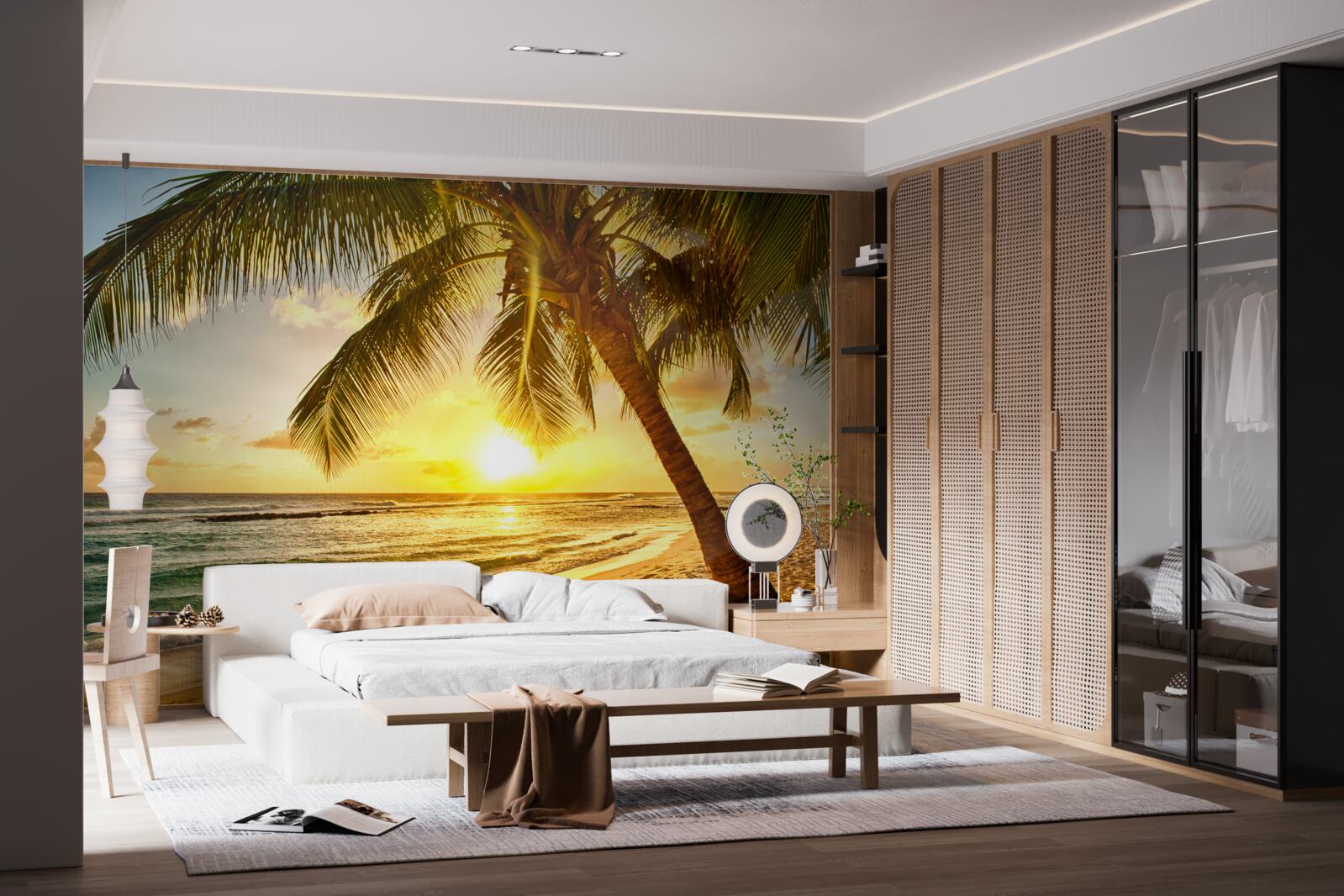 Papier peint le soleil se couche sous l'horizon de l'océan, illuminant les palmiers