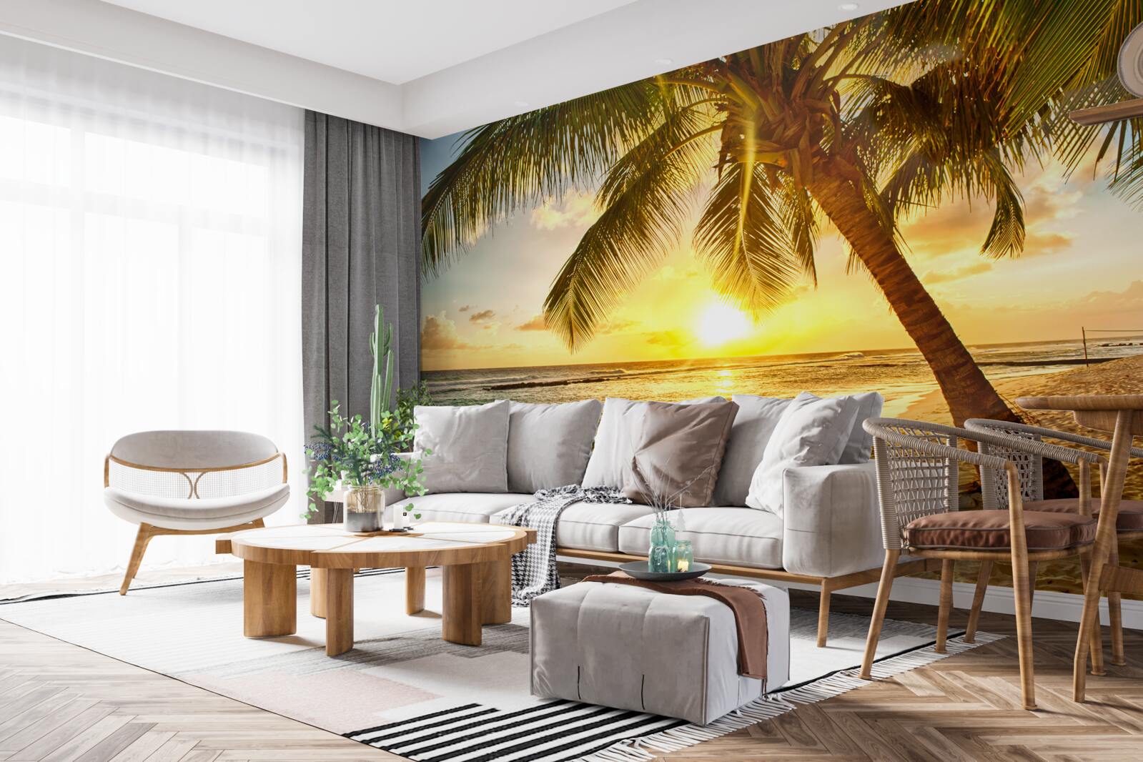 Papier peint le soleil se couche sous l'horizon de l'océan, illuminant les palmiers