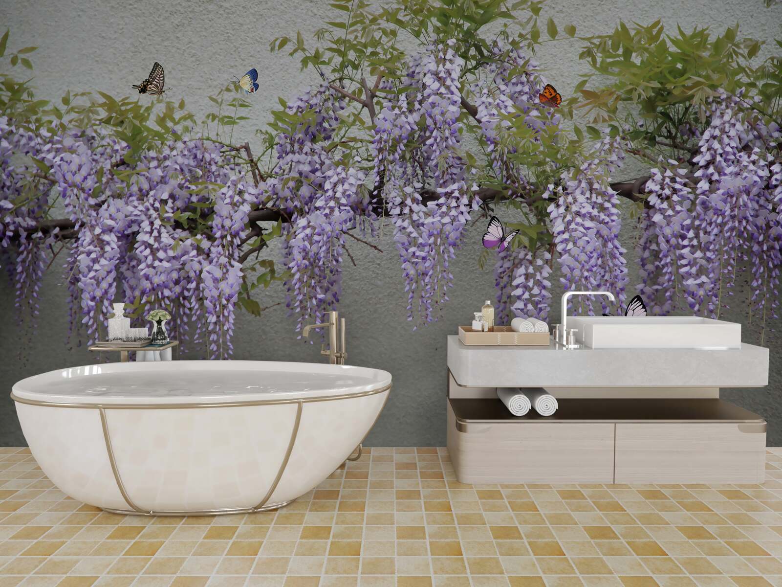 Papier peint une branche avec des fleurs de lilas et des papillons qui voltigent