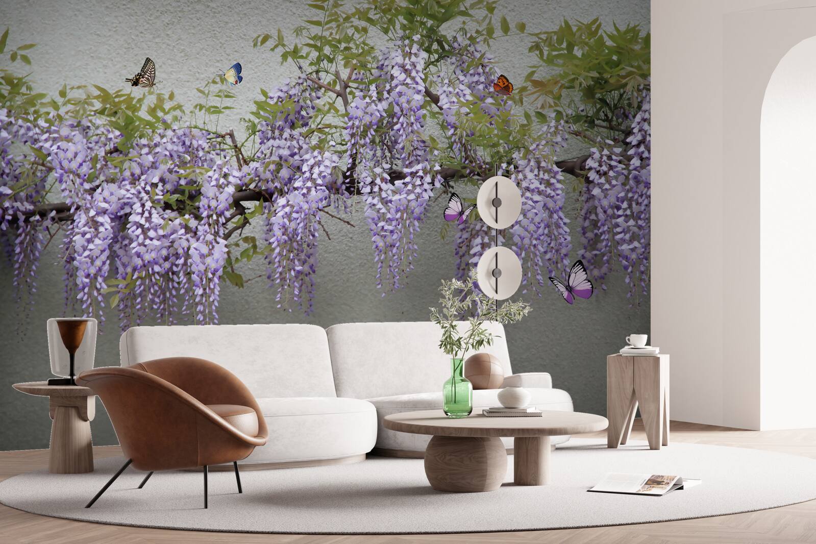 Papier peint une branche avec des fleurs de lilas et des papillons qui voltigent