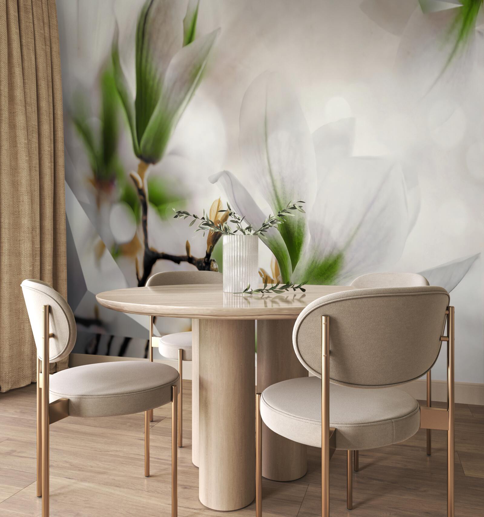 Papier peint des fleurs dans les tons de blanc et de vert combinées à des formes géométriques