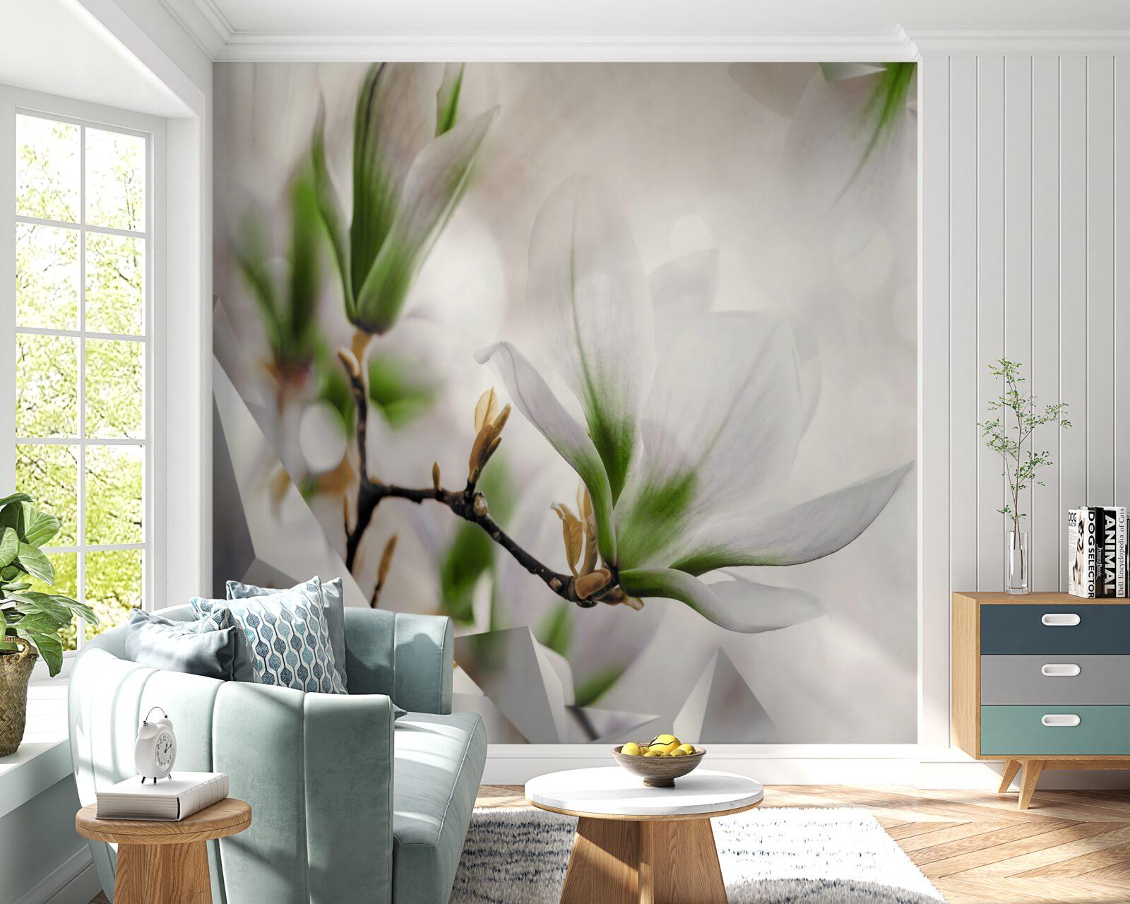 Papier peint des fleurs dans les tons de blanc et de vert combinées à des formes géométriques