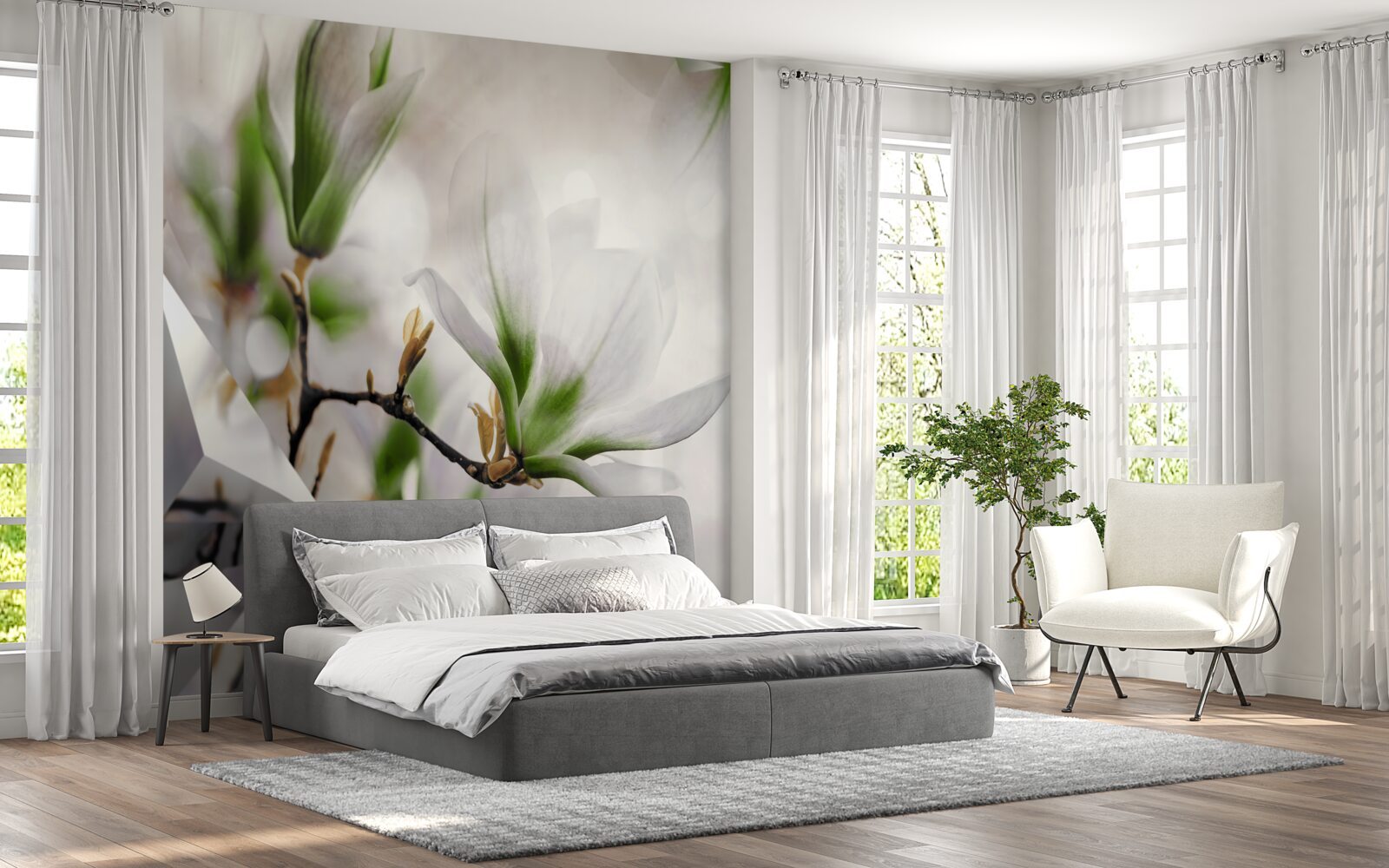 Papier peint des fleurs dans les tons de blanc et de vert combinées à des formes géométriques