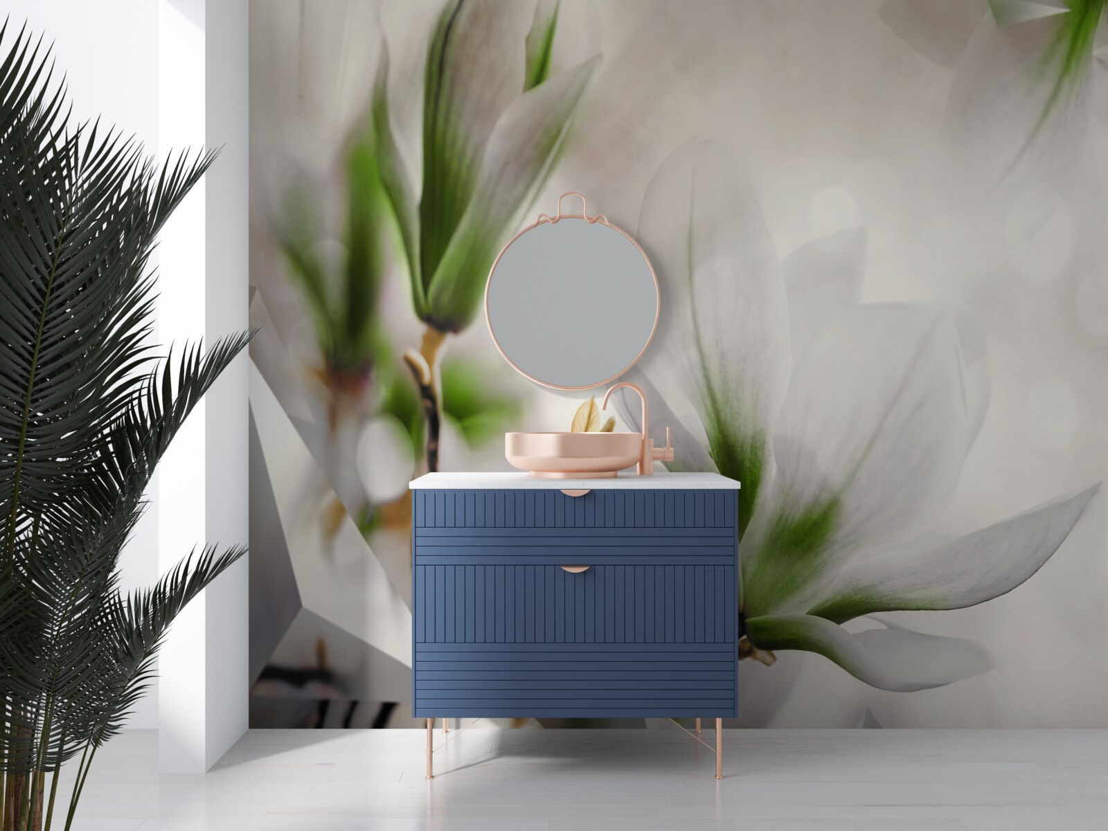 Papier peint des fleurs dans les tons de blanc et de vert combinées à des formes géométriques