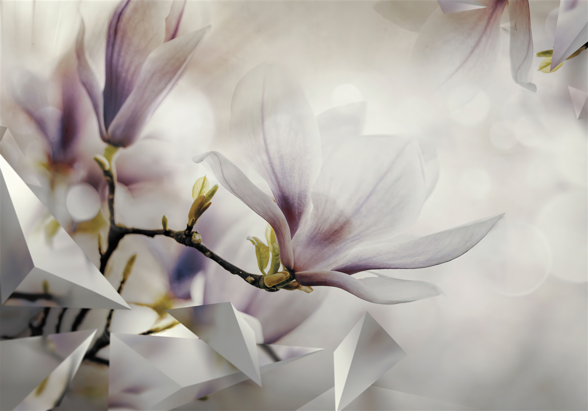 Papier peint grandes fleurs lilas et formes blanches