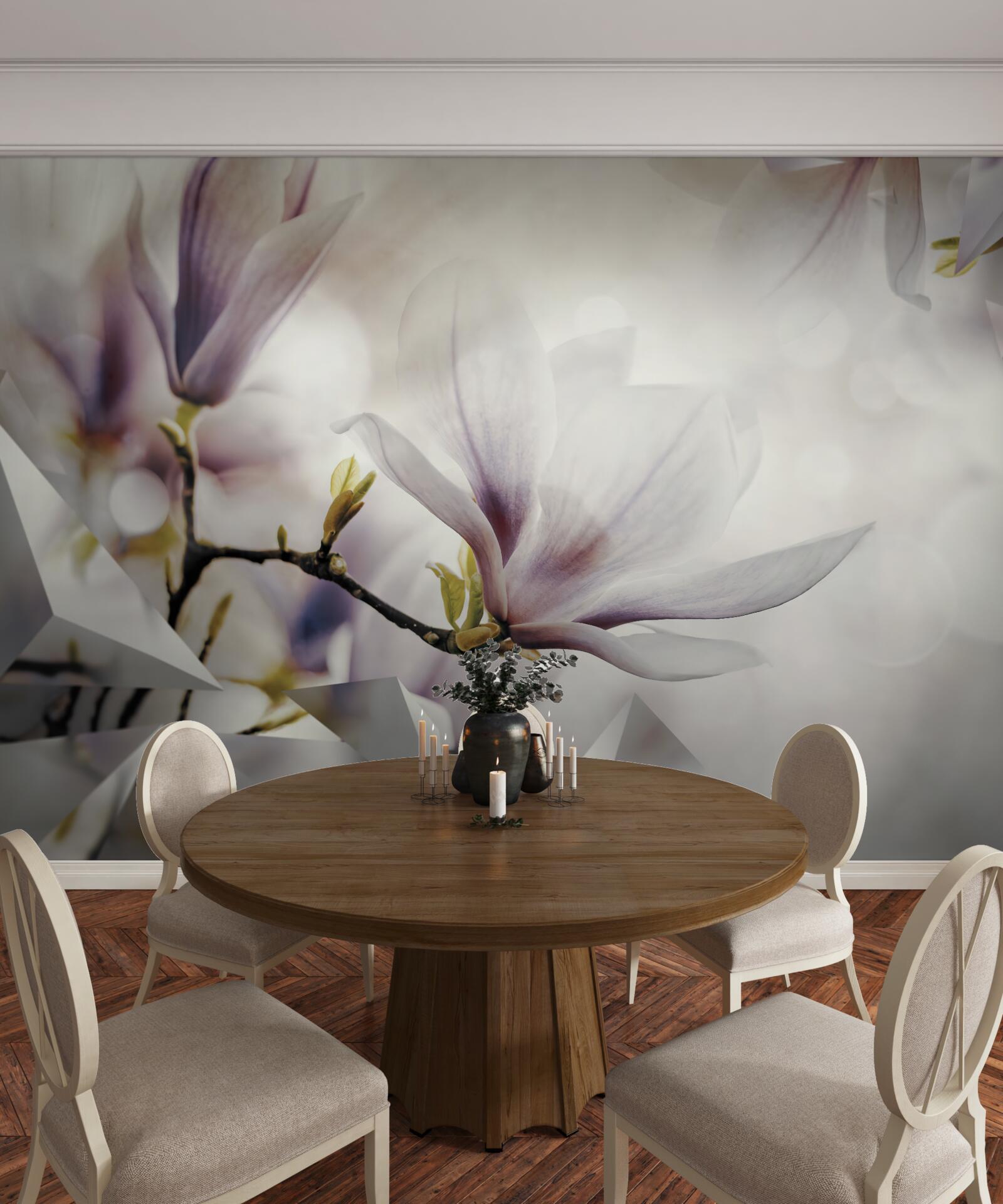 Papier peint grandes fleurs lilas et formes blanches