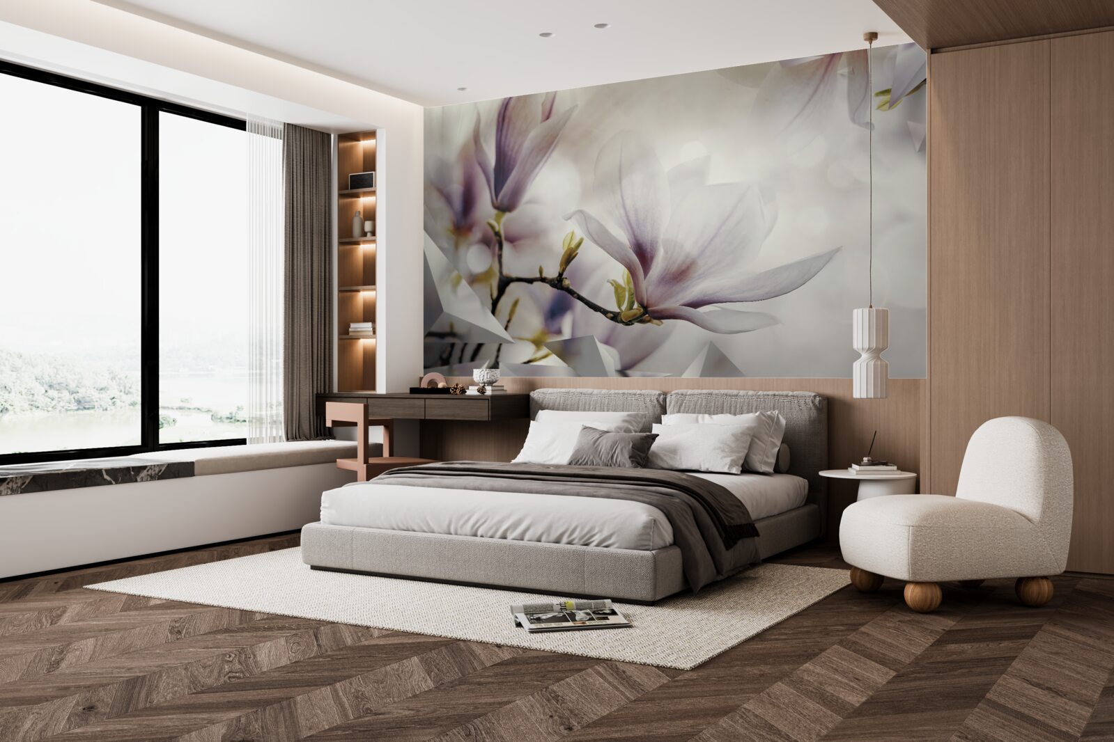 Papier peint grandes fleurs lilas et formes blanches