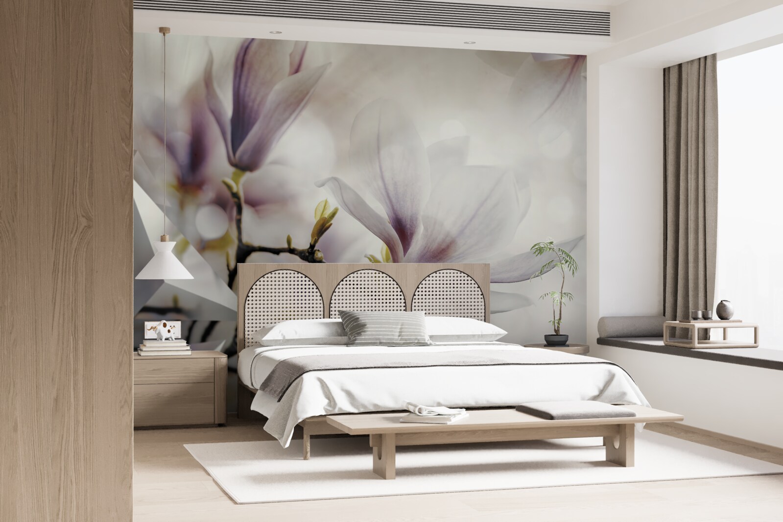 Papier peint grandes fleurs lilas et formes blanches