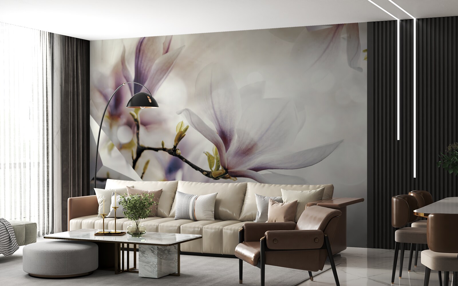 Papier peint grandes fleurs lilas et formes blanches