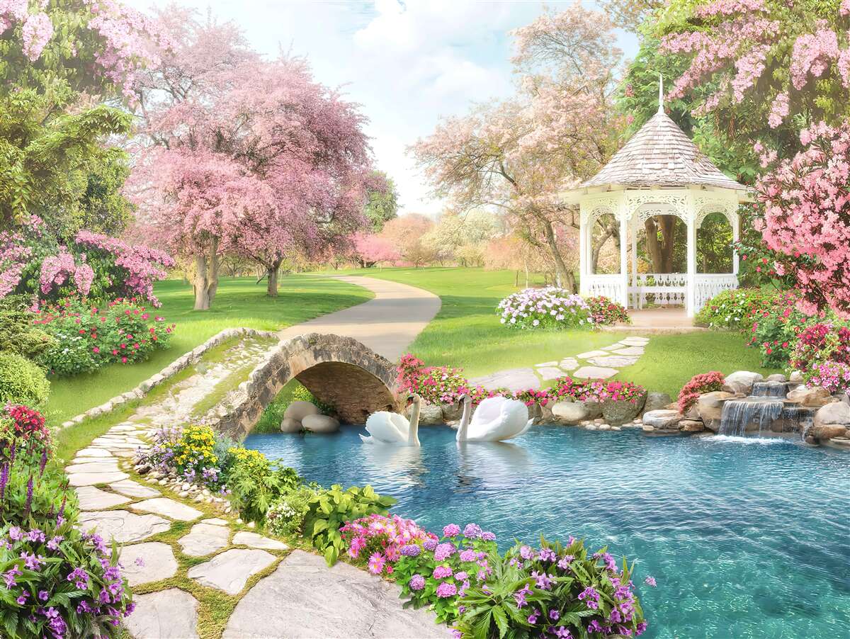 Papier peint pavillon près d'un lac avec des cygnes