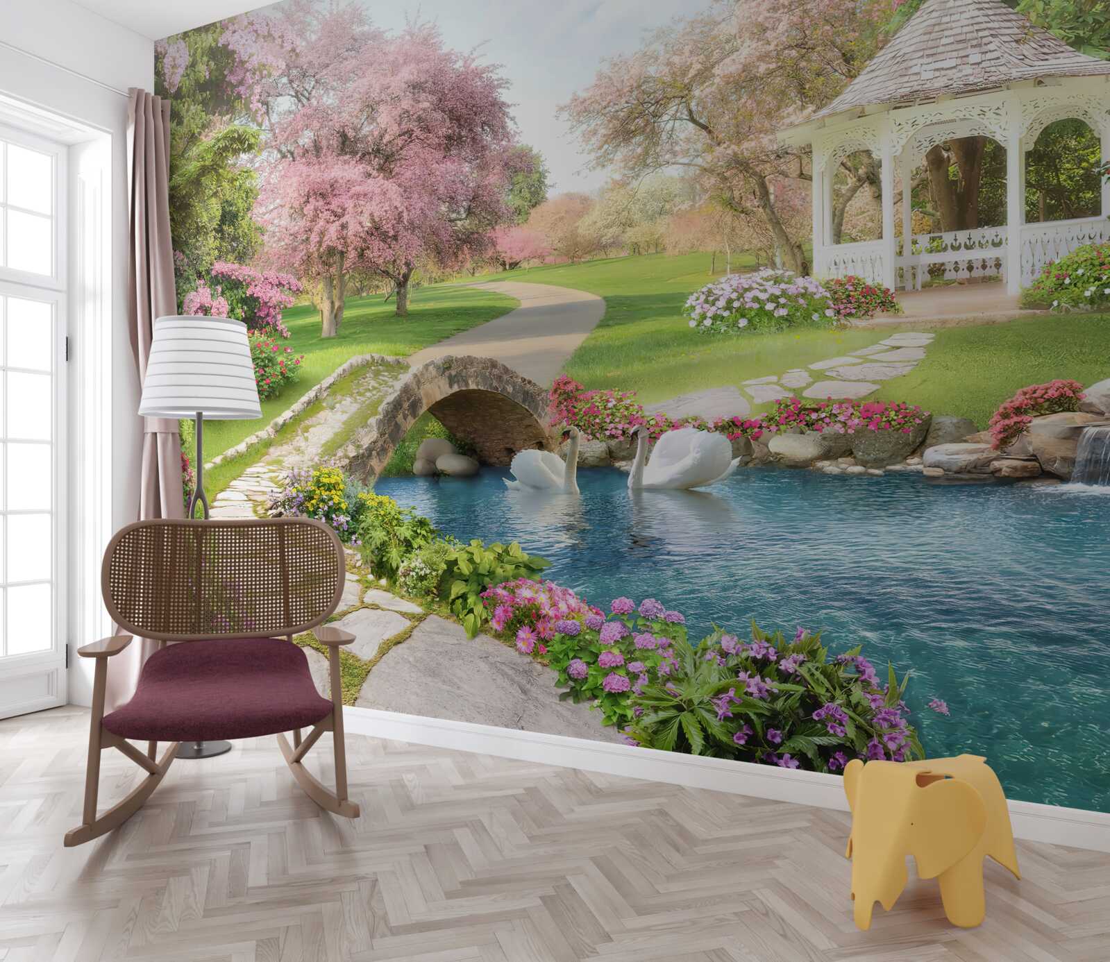 Papier peint pavillon près d'un lac avec des cygnes