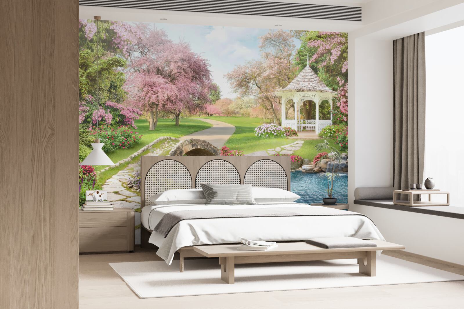 Papier peint pavillon près d'un lac avec des cygnes