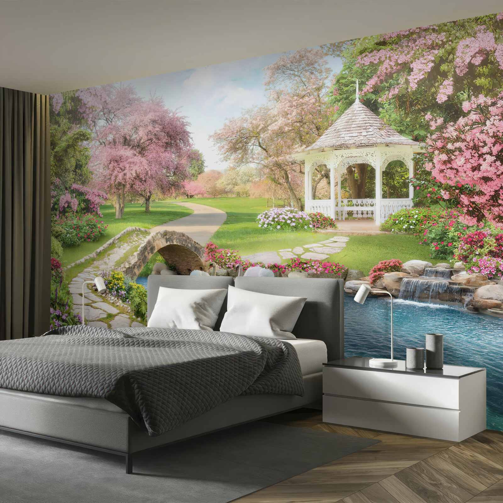 Papier peint pavillon près d'un lac avec des cygnes