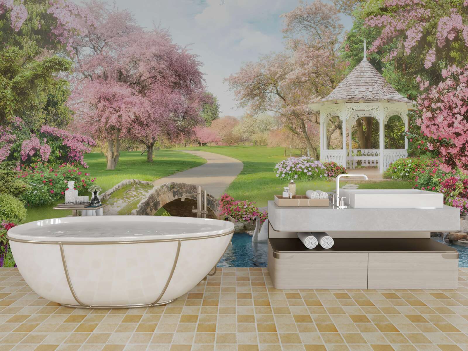 Papier peint pavillon près d'un lac avec des cygnes