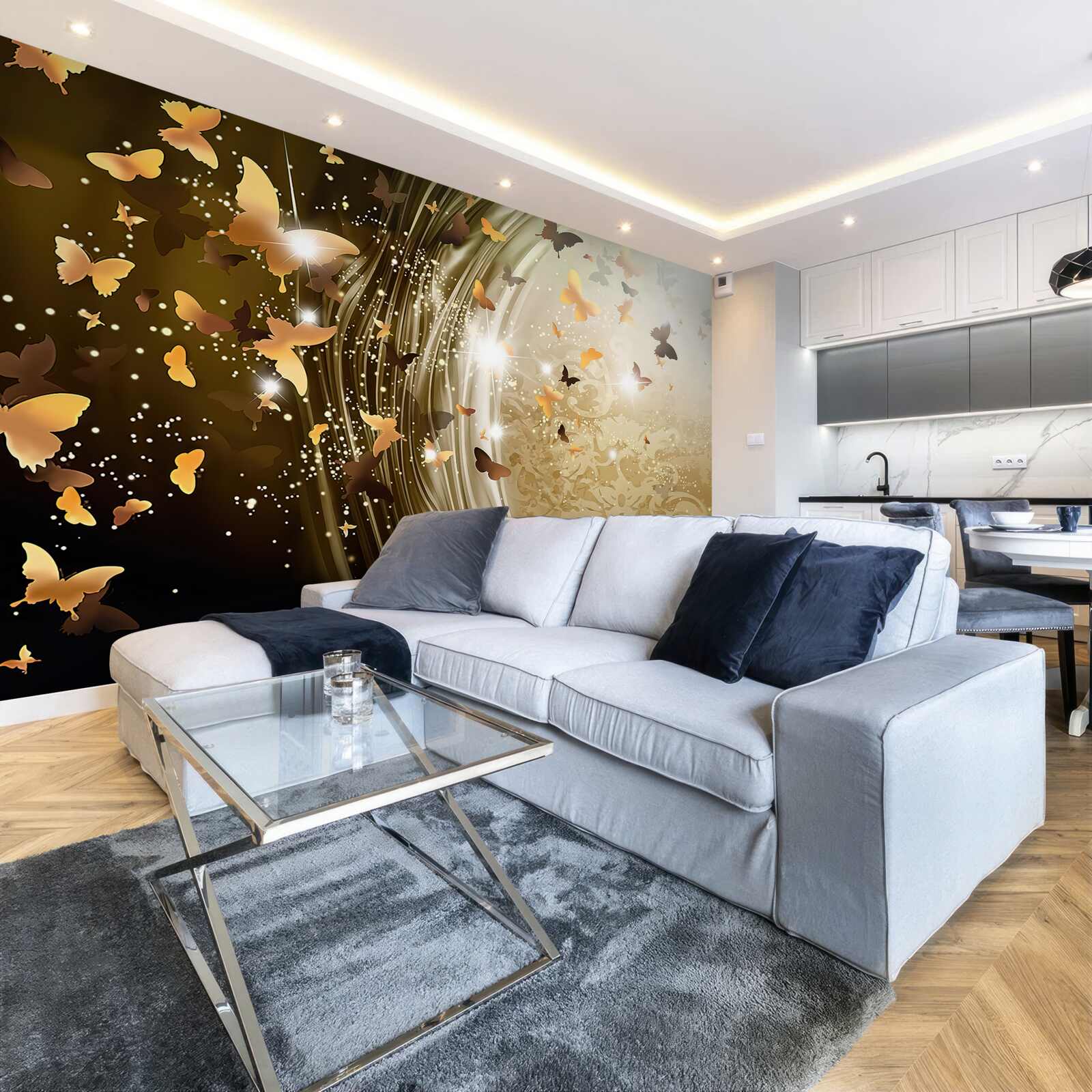 Papier peint fond d'or avec papillons