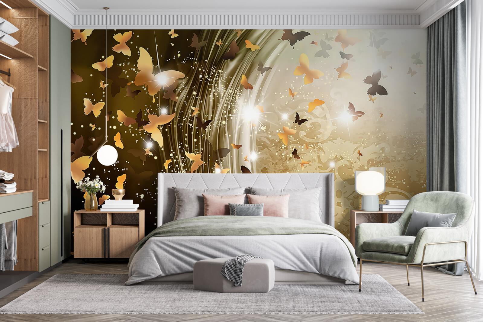 Papier peint fond d'or avec papillons