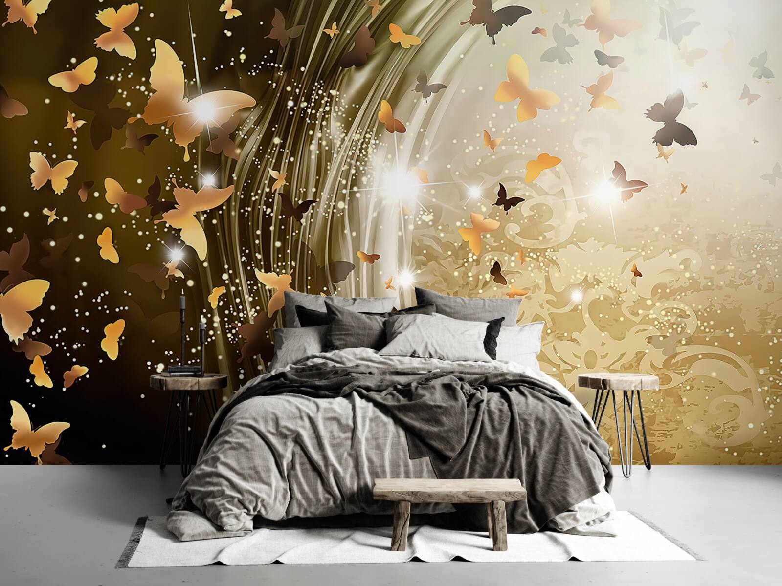 Papier peint fond d'or avec papillons