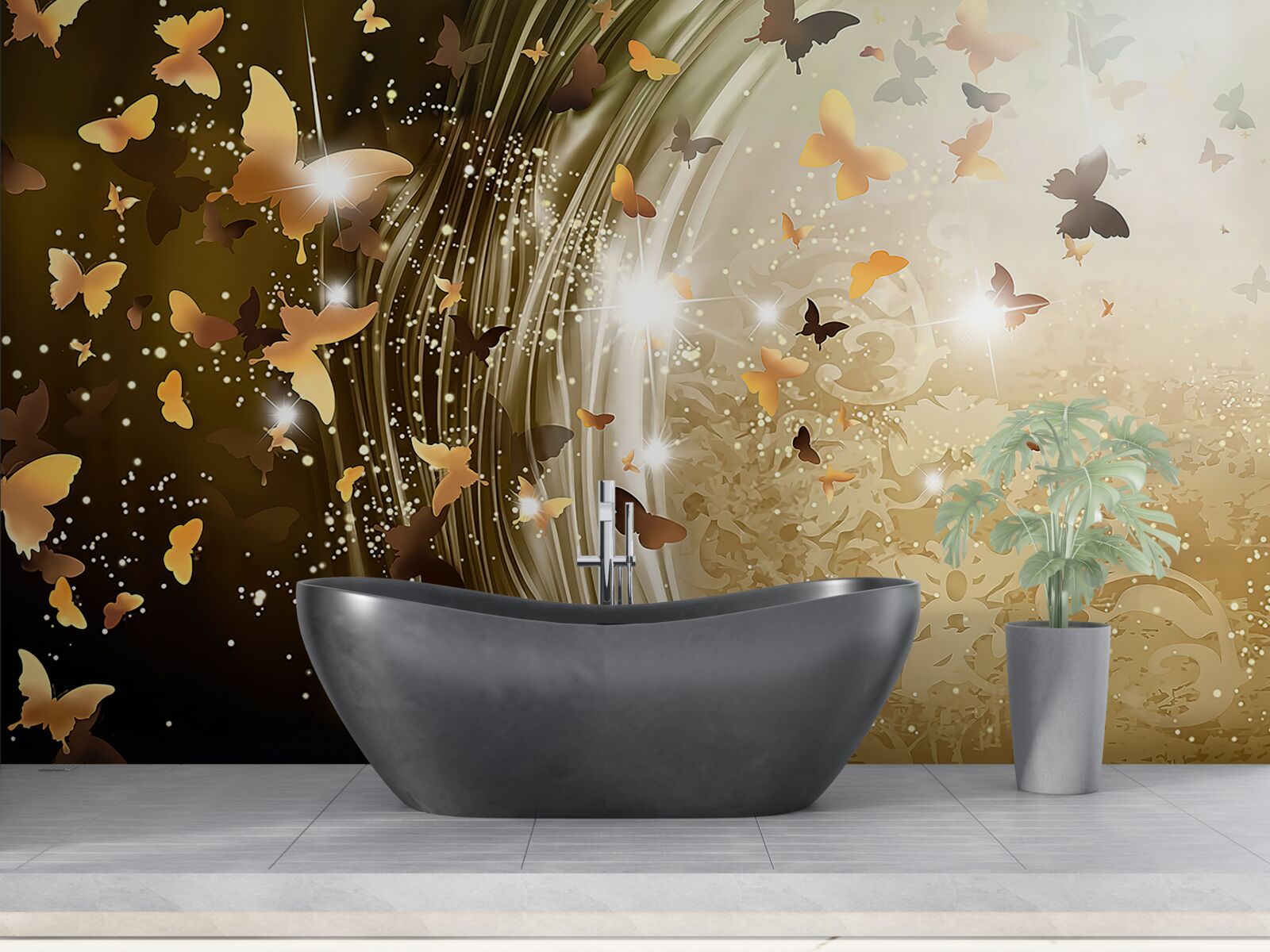 Papier peint fond d'or avec papillons