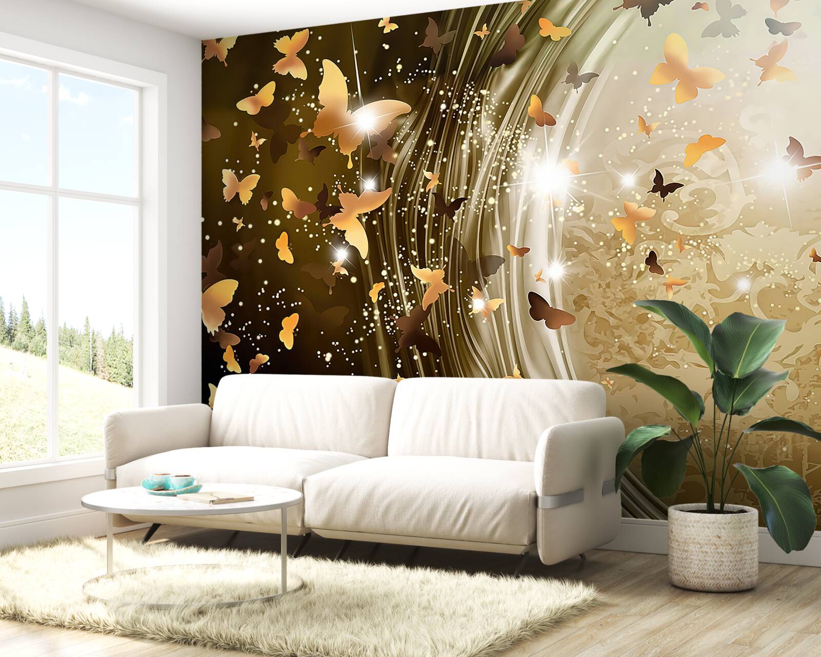 Papier peint fond d'or avec papillons