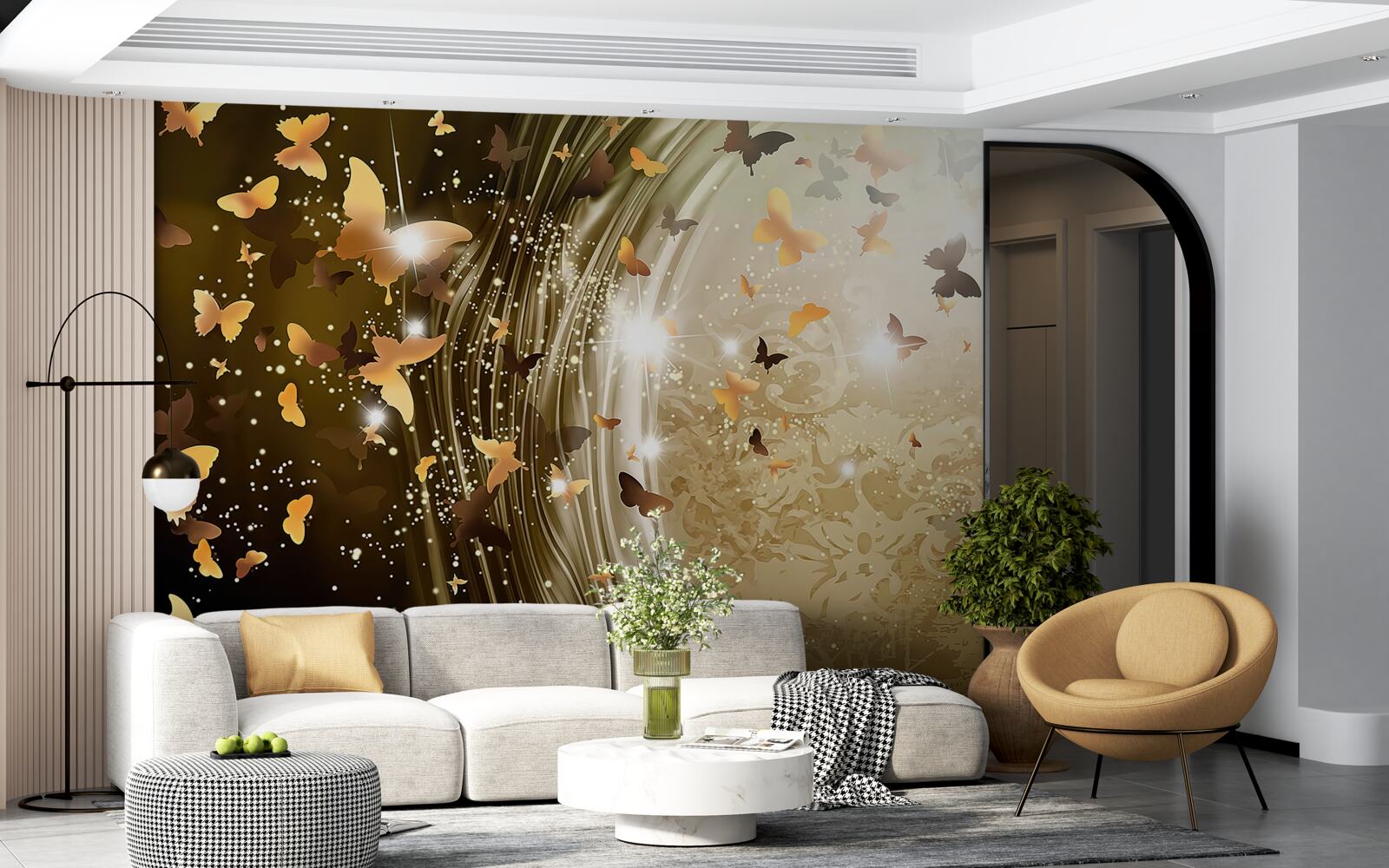 Papier peint fond d'or avec papillons