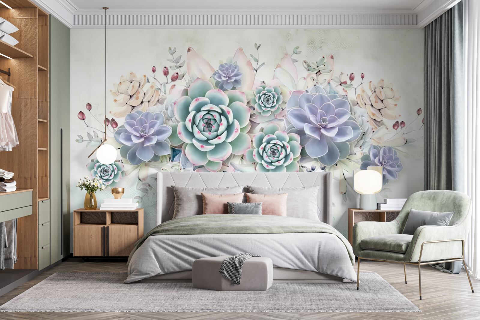 Papier peint fleurs bleues sur fond clair