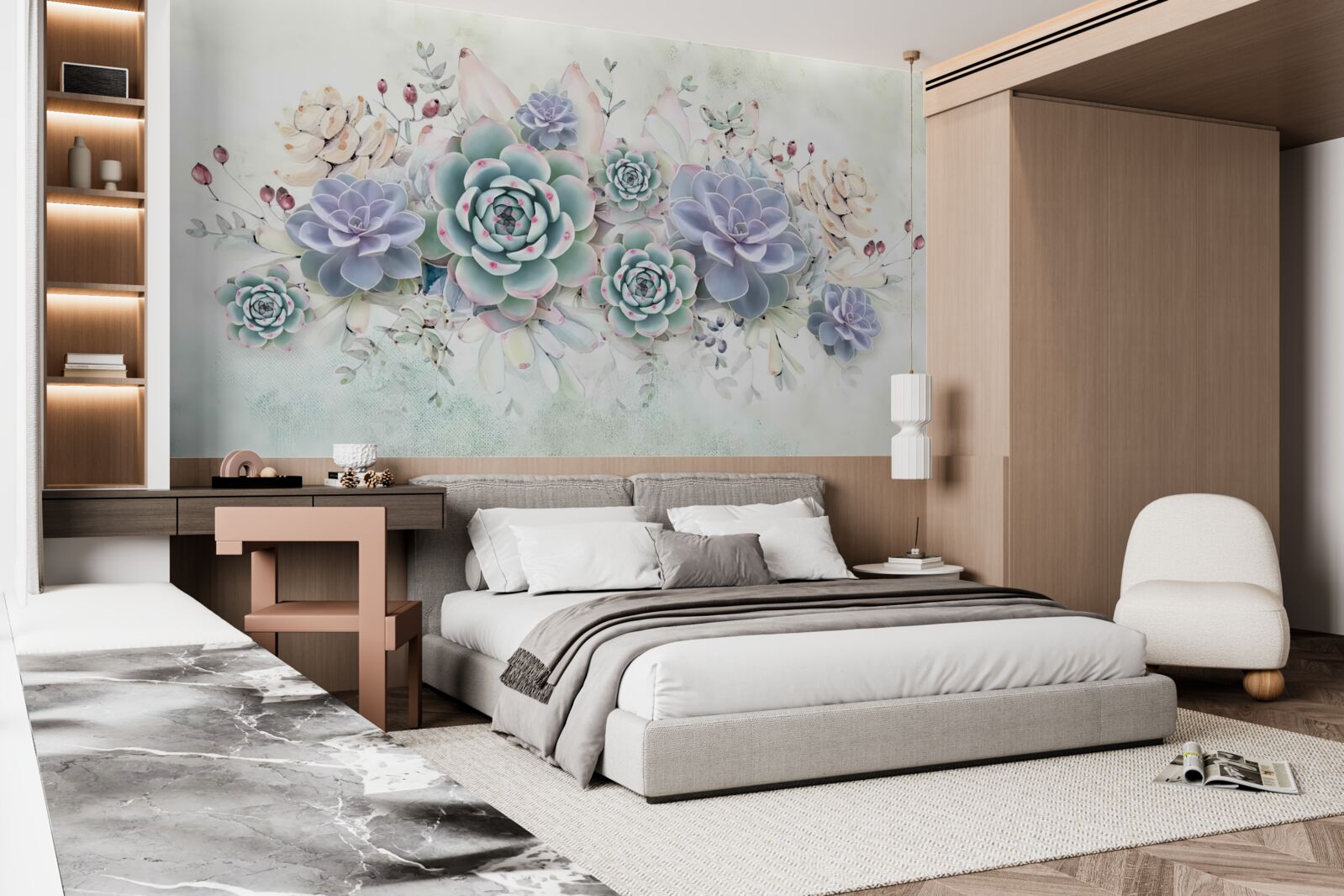 Papier peint fleurs bleues sur fond clair