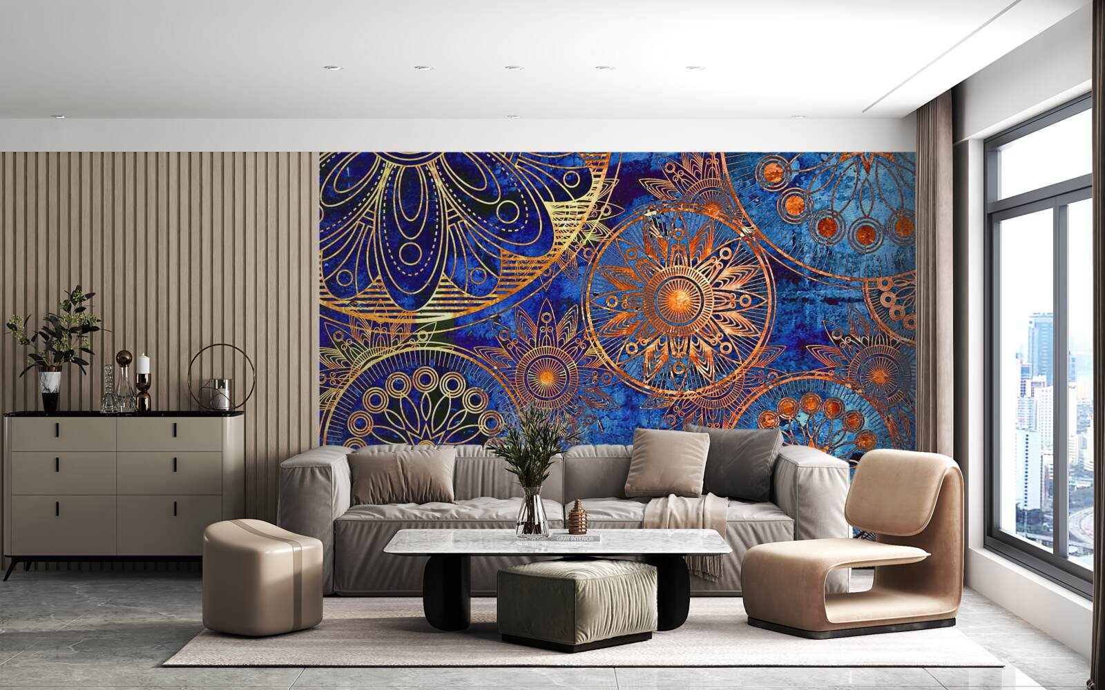 Papier peint divers cercles ondulés en or