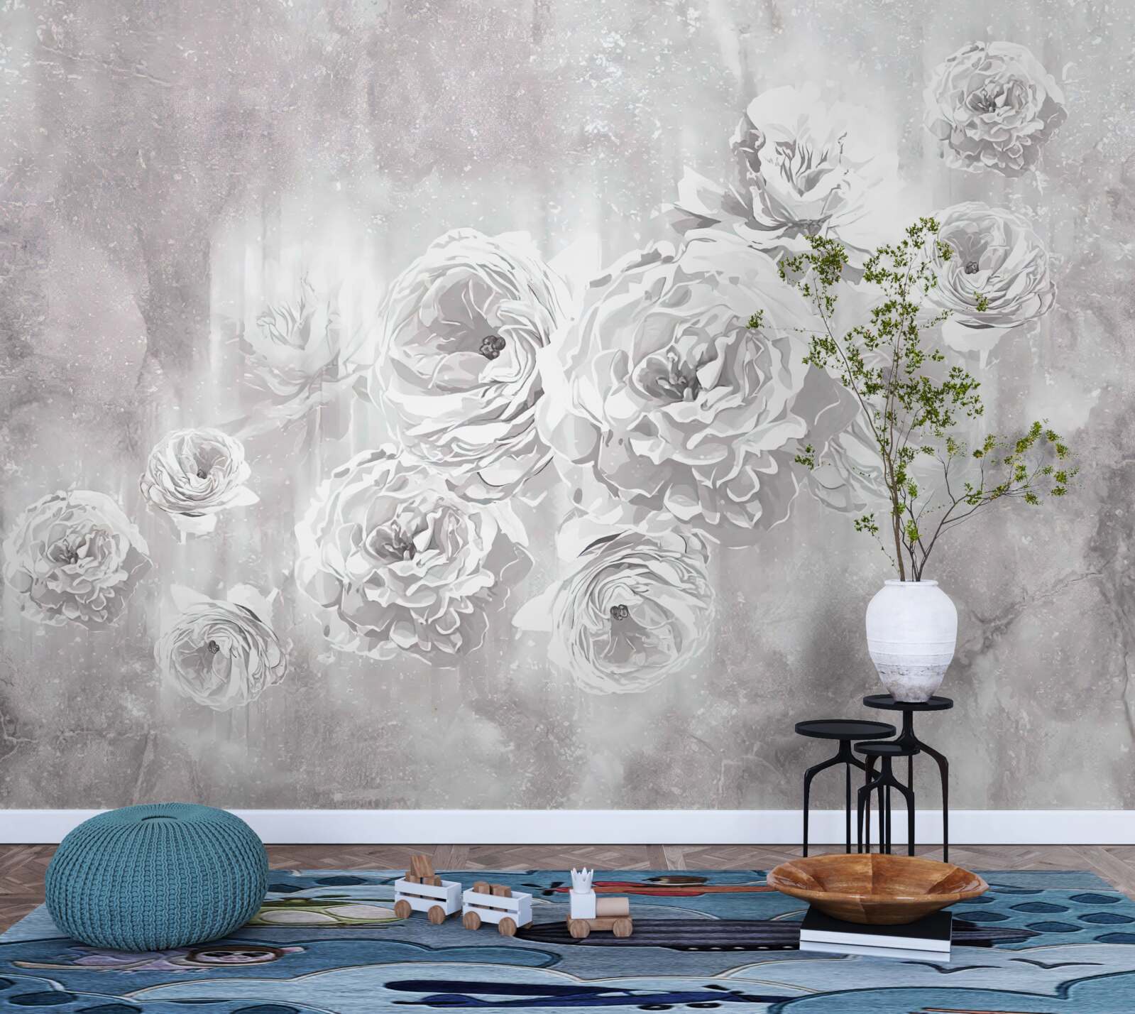 Papier peint roses claires sur fond de gris et de blanc