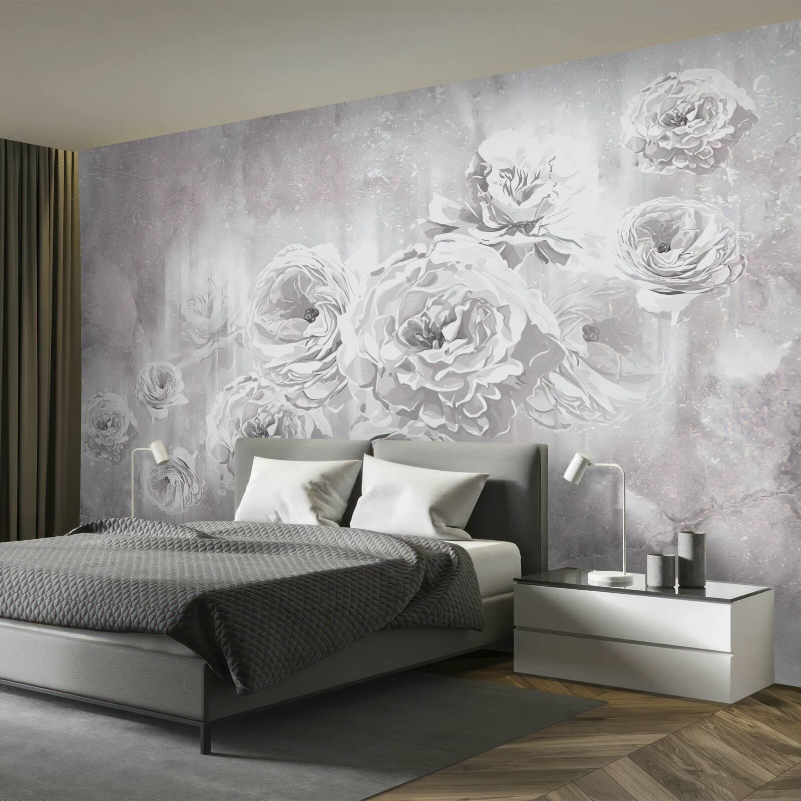 Papier peint roses claires sur fond de gris et de blanc