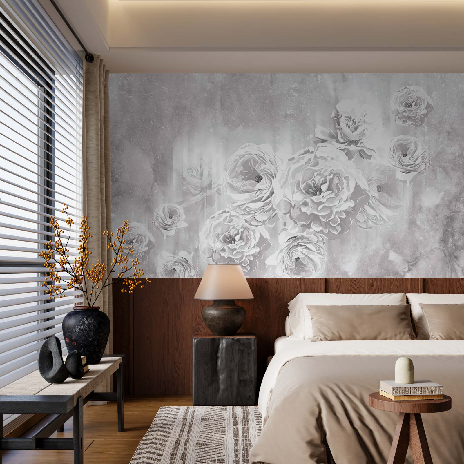 Papier peint roses claires sur fond de gris et de blanc