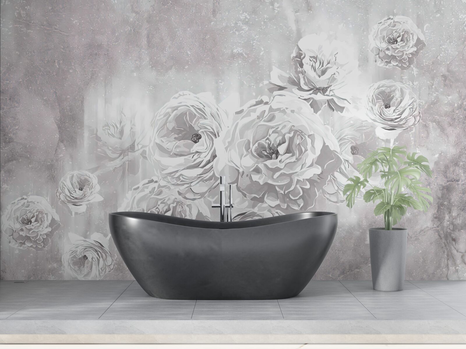 Papier peint roses claires sur fond de gris et de blanc