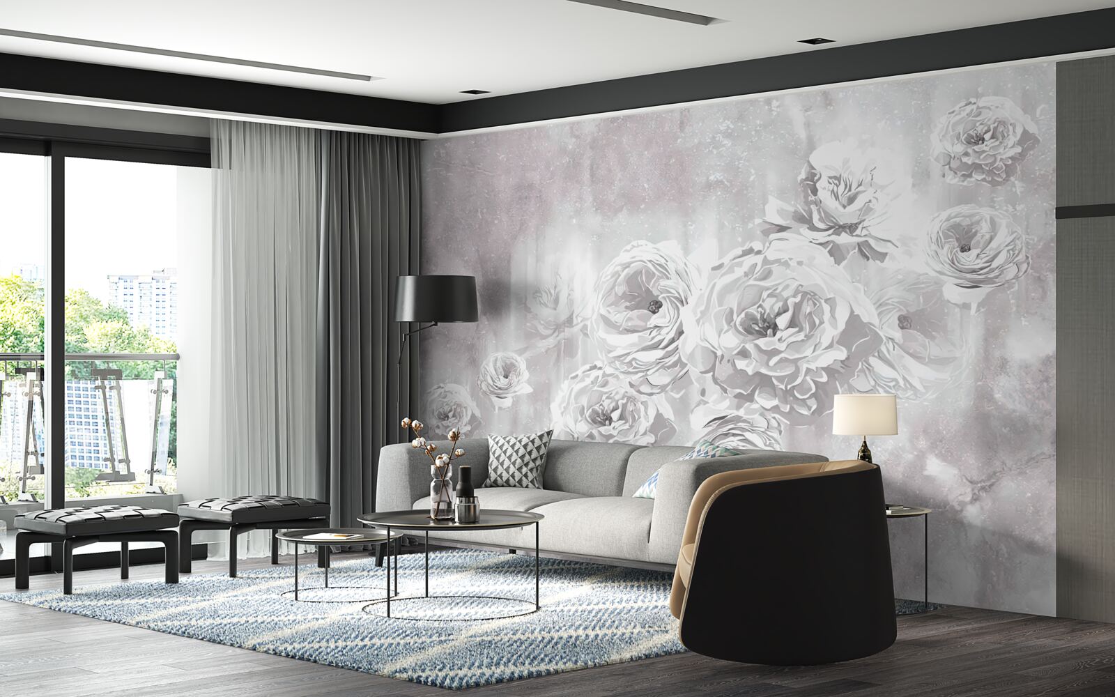 Papier peint roses claires sur fond de gris et de blanc