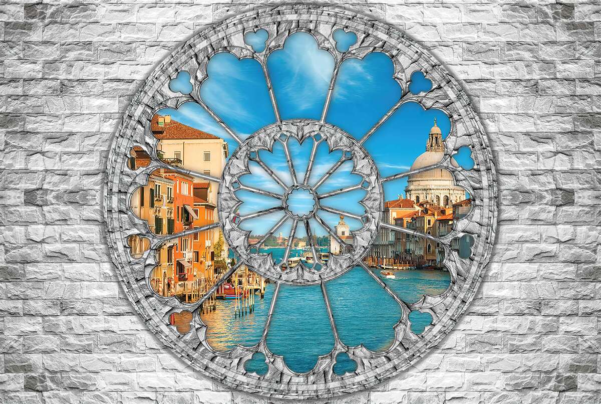 Papier peint fenêtre avec vue panoramique sur le fleuve et la ville